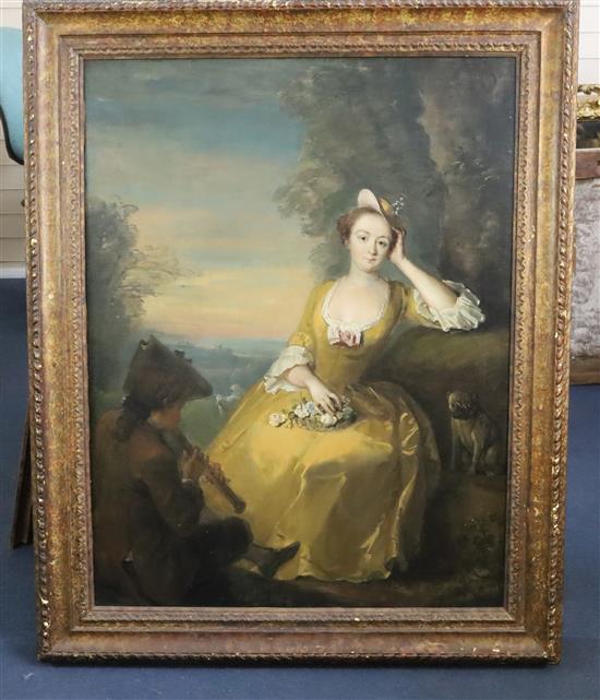 Early 19th Century French School Portrait of a lady, standing in a landscape, a piper and pug dog in attendance, 34.5 x 26.5in.